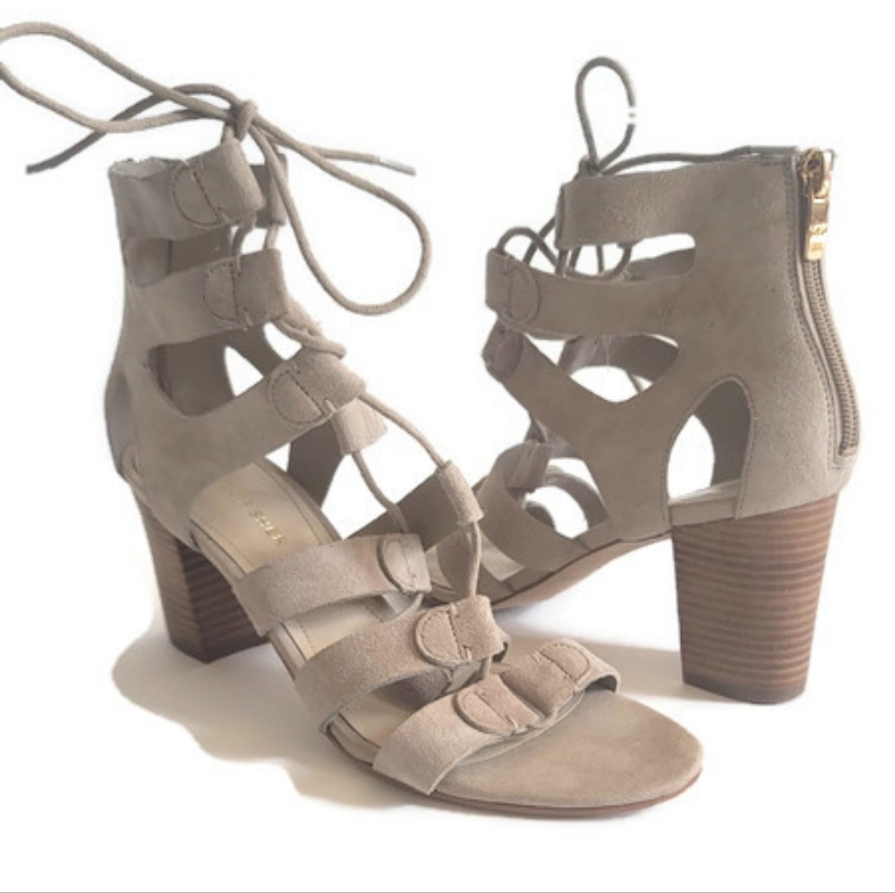 Marc Fisher Paradox Beige Suede Lace Up Block Heel Gladiator Sandals Women's 8